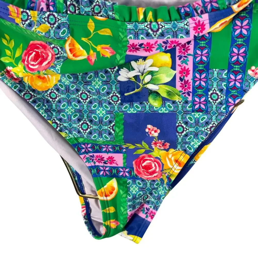 CUPSHE Citrus Floral Patchwork Swimsuit NWT Women's Large High Waist Bikini Set